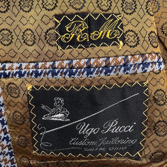 Ugo‎ Pucci Blazer Men 40 Gray Blue Brown Houndstooth Belt Union USA 70s VTG - Picture 11 of 13